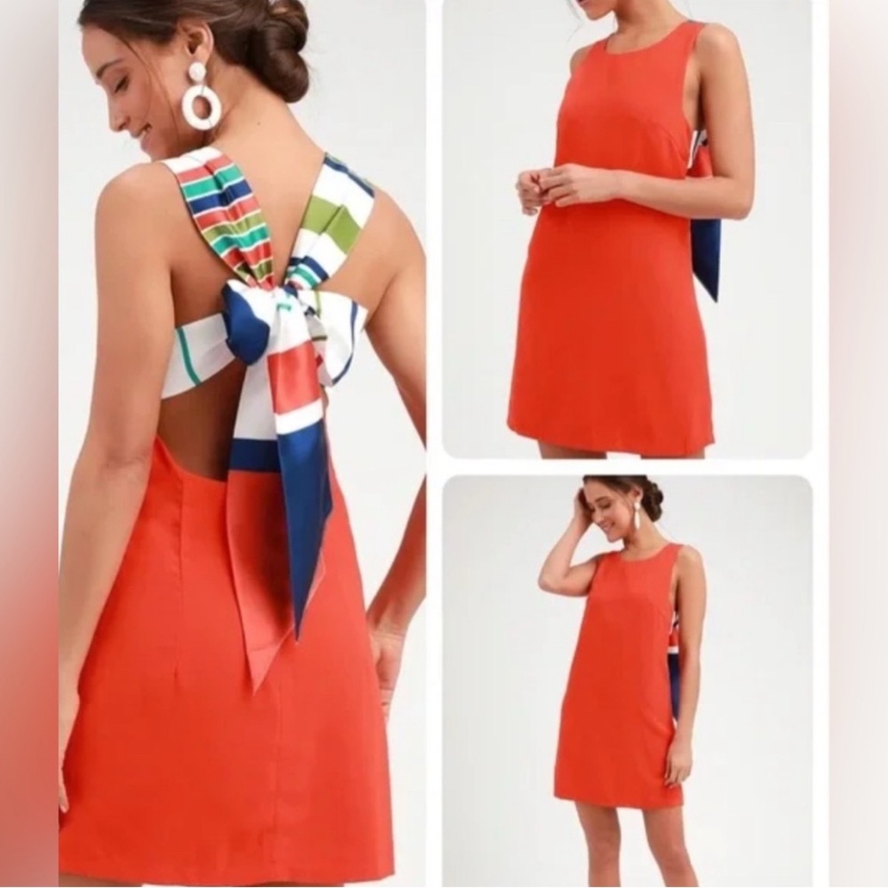 Lulu's Joyful mini open back ribbon straps in Bold Red Dress. Large